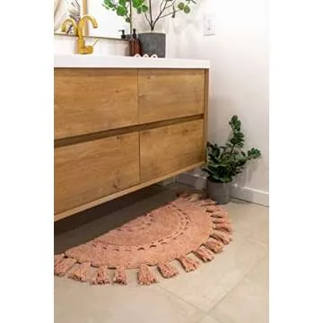Unique Boho Rug - Half Circle Mat with Crochet Insert Detail & Tassels - 100% Cotton Boho Bathroom Rugs - Decorative Non-Slip Bohemian Rug for Bath & Bedroom - Cute Boho Décor - Dusty Pink 42x22