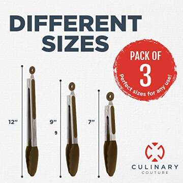 Silicone Kitchen Tongs for Cooking with Silicone Tips, Heat Resistant Tongs for Serving Food, 7-Inch, 9-Inch, 12-Inch Locking Silicone Tongs, Set of 3 Salad Tongs, Brown Kitchen Utensils
