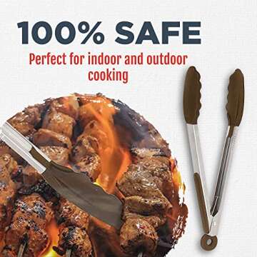 Silicone Kitchen Tongs for Cooking with Silicone Tips, Heat Resistant Tongs for Serving Food, 7-Inch, 9-Inch, 12-Inch Locking Silicone Tongs, Set of 3 Salad Tongs, Brown Kitchen Utensils