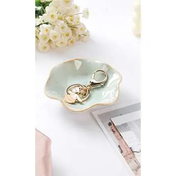 JAMEND CLXP Lotus Leaf Shape Decorative Ring Tray, Small Key Bowl, Ceramic Trinket Tray Jewelry Dish Organizing Necklace Earrings, Home Decoration for Mom Best Friend Sister, Light Green.