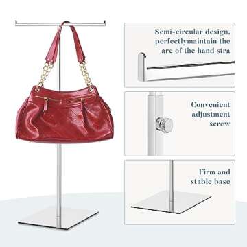 Leinuosen 4 Pcs Tabletop Purse Display Stand Metal T Bar Handbag Display Stand Holder Adjustable Height Double Hook Hanging Jewelry Stands for Home Store Boutique Counter(Silver)