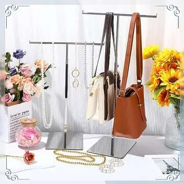 Leinuosen 4 Pcs Tabletop Purse Display Stand Metal T Bar Handbag Display Stand Holder Adjustable Height Double Hook Hanging Jewelry Stands for Home Store Boutique Counter(Silver)