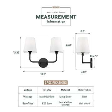 METWET 2-Light Bathroom Vanity Light Fixtures in Matte Black Finish, Modern Bedside Wall Sconces with Flared White Fabric Shade for Bathroom, Hallway, Living Room, Kitchen, VL837-MB-2