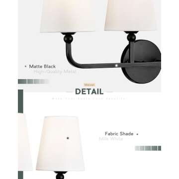 METWET 2-Light Bathroom Vanity Light Fixtures in Matte Black Finish, Modern Bedside Wall Sconces with Flared White Fabric Shade for Bathroom, Hallway, Living Room, Kitchen, VL837-MB-2