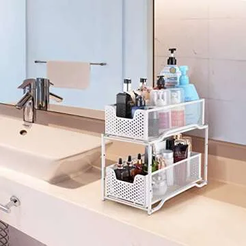 Simple Trending Stackable 2-Tier Under Sink Cabinet Organizer with Sliding Storage Drawer, White