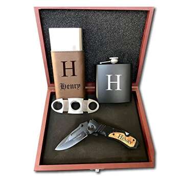 Exquisite Gift Set | Inscribed Wood Box, Engraved Pocket Knife, Stamped Flask and Personalized Leath...