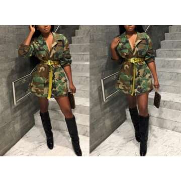 Womens Camo Jacket Long Sleeeve Camouflage Army Jackets Military Trench Coat PLus Size