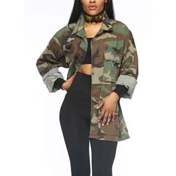 Womens Camo Jacket Long Sleeeve Camouflage Army Jackets Military Trench Coat PLus Size