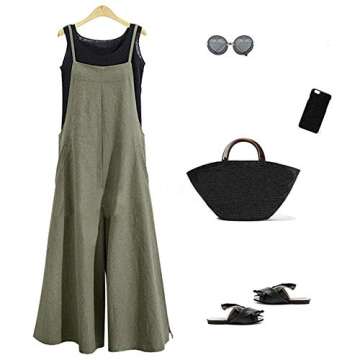 Aedvoouer Women's Overalls Casual Linen Jumpsuits Wide Leg Loose Pants Baggy Bib Rompers,L,A-suspender Green