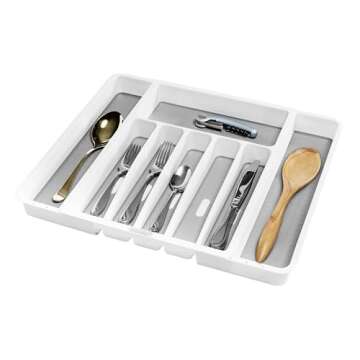 madesmart Silverware White Expandable Tray Classic Collection | 8-Compartments | Icons to Help sort Flatware, Cutlery, Utensils | Soft-Grip Lining | BPA-Free