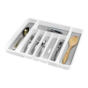 madesmart Silverware White Expandable Tray Classic Collection | 8-Compartments | Icons to Help sort Flatware, Cutlery, Utensils | Soft-Grip Lining | BPA-Free
