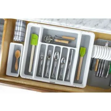 madesmart Silverware White Expandable Tray Classic Collection | 8-Compartments | Icons to Help sort Flatware, Cutlery, Utensils | Soft-Grip Lining | BPA-Free