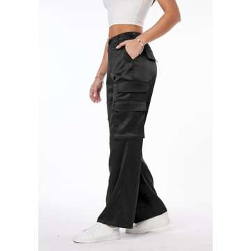 Women's Satin Cargo Wide Leg Pants Silky Party Dressy Casual Pocketed Pant Long Trouser Black