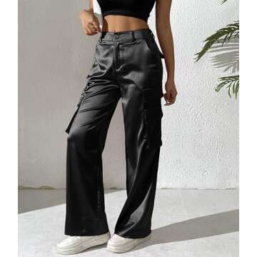 Women's Satin Cargo Wide Leg Pants Silky Party Dressy Casual Pocketed Pant Long Trouser Black