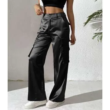 Women's Satin Cargo Wide Leg Pants Silky Party Dressy Casual Pocketed Pant Long Trouser Black