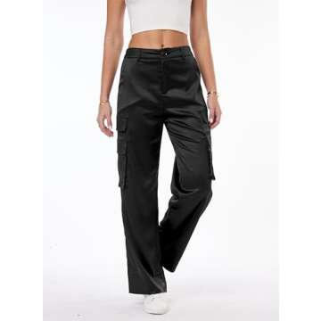 Women's Satin Cargo Wide Leg Pants Silky Party Dressy Casual Pocketed Pant Long Trouser Black