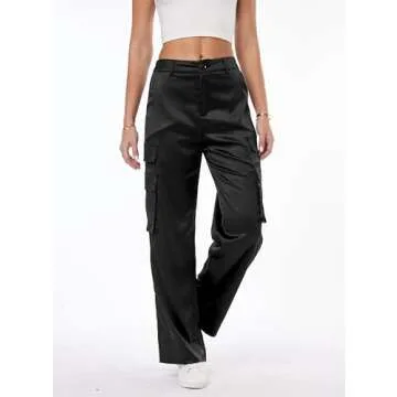 Women's Satin Cargo Wide Leg Pants Silky Party Dressy Casual Pocketed Pant Long Trouser Black