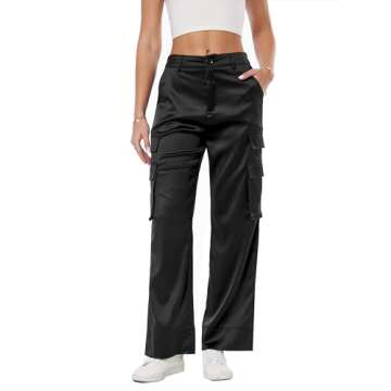Women's Satin Cargo Wide Leg Pants Silky Party Dressy Casual Pocketed Pant Long Trouser Black