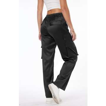Women's Satin Cargo Wide Leg Pants Silky Party Dressy Casual Pocketed Pant Long Trouser Black