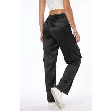 Women's Satin Cargo Wide Leg Pants Silky Party Dressy Casual Pocketed Pant Long Trouser Black
