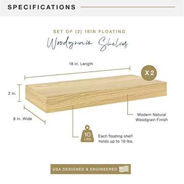 MCS Natural Woodgrain Floating Shelves, 18 Inch x 8 Inch, Set of 2, 18 x 8