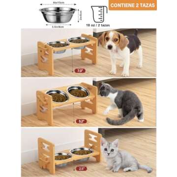 Vantic Elevated Dog Bowls, Adjustable Raised Dog Bowl Stand for Small Puppy and Cats, Sturdy Bamboo Pet Food Feeder with 2 Stainless Steel Dishes, Natural