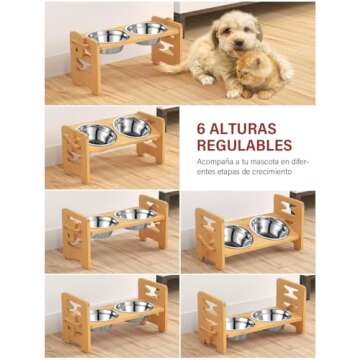 Vantic Elevated Dog Bowls, Adjustable Raised Dog Bowl Stand for Small Puppy and Cats, Sturdy Bamboo Pet Food Feeder with 2 Stainless Steel Dishes, Natural