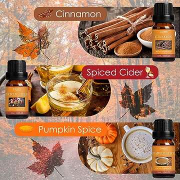 SALUBRITO Fall Fragrance Oils Set, Autumn Essential Oil for Diffuser, Candle Making, Aromatherapy Oils Gift - Cinnamon, Pumpkin Spice, Vanilla, Snickerdoodle, Spiced Cider, Nutmeg, 6x10ml