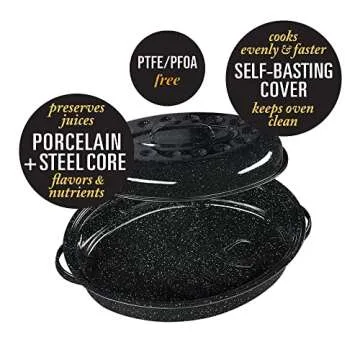 Granite Ware 15-Inch Covered Oval Roaster, 10 Lb Capacity - Enamel Steel Cookware, Dishwasher Safe & PFOA-Free, Even Heat Distribution for Roasting Poultry, Meat, or Vegetables (Speckled Black)