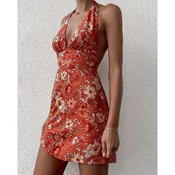 Women´s Sexy Summer Halter Neck Mini Dress Flower Print Sleeveless Deep V-Neck A Line Short Dresses Club Party Wear (Orange, XL)