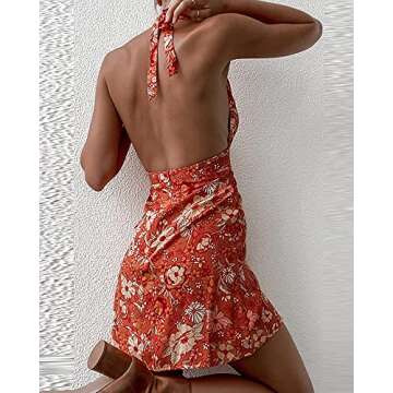 Women´s Sexy Summer Halter Neck Mini Dress Flower Print Sleeveless Deep V-Neck A Line Short Dresses Club Party Wear (Orange, XL)