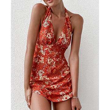 Women´s Sexy Summer Halter Neck Mini Dress Flower Print Sleeveless Deep V-Neck A Line Short Dresses Club Party Wear (Orange, XL)