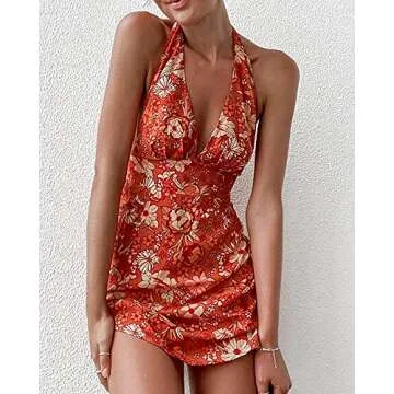 Women´s Sexy Summer Halter Neck Mini Dress Flower Print Sleeveless Deep V-Neck A Line Short Dresses Club Party Wear (Orange, XL)