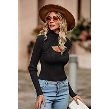 PRETTYGARDEN Women's 2024 Fashion Fall Clothes 2 Piece Cutout Tops Long Sleeve Mock Neck Rib Knit Winter Pullover Sweater (Black,Large)
