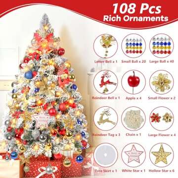 3FT Snow Flocked Christmas Tree, Mini Artificial Christmas Tree with 200 Lifelike Branches and 80 LE...