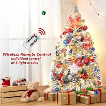 3FT Snow Flocked Christmas Tree, Mini Artificial Christmas Tree with 200 Lifelike Branches and 80 LED Lights, 36 Inches Prelit Christmas Tree with 108 Ornaments, Small Xmas Tree for Holiday DIY Decor