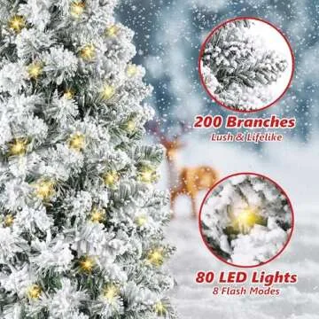 3FT Snow Flocked Christmas Tree, Mini Artificial Christmas Tree with 200 Lifelike Branches and 80 LED Lights, 36 Inches Prelit Christmas Tree with 108 Ornaments, Small Xmas Tree for Holiday DIY Decor