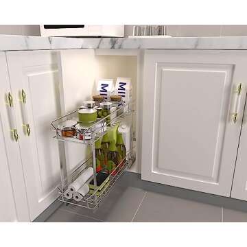 OCG Slide Out Cabinet Organizer for Narrow Cabinet (7" W X 17" D), 2 Tier Pull Out Shelves Slim Sliding Cabinet Organizer and Storage, Chrome