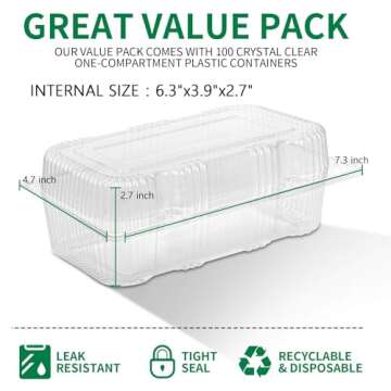 Kaderron Disposable Plastic Hinged Food Container - 70 Pcs Clear Clamshell Food Containers, 7.3" Length x 4.7" Width x 2.7" Depth