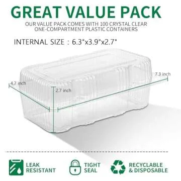 Kaderron Disposable Plastic Hinged Food Container - 70 Pcs Clear Clamshell Food Containers, 7.3" Length x 4.7" Width x 2.7" Depth
