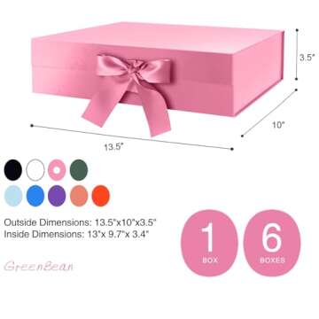 GREEN BEAN Valentine's Large Gift Box with Lid for Presents 13x9.7x3.4 Inches, Pink Magnetic Gift Box with Ribbon, Bridesmaid Proposal Box, Luxury Gift Box (Glossy Pink)