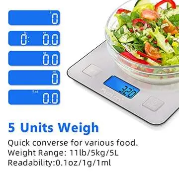 Fuzion Digital Kitchen Scale, 5000g/11lb x 0.1oz Food Scales Digital Weight Grams and Oz for Weight Loss, Cooking and Baking, 5 Units with Tare Function, Easy Clean Stainless Steel(Battery Included)