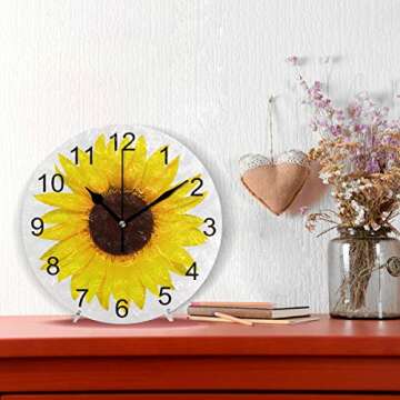 FFYHO Spring 3D Sunflower Wall Clock 9.5In Battery Operated Summer Yellow Flower Design Non Ticking Silent Round Desk Clocks for Bedroom Bathroom Lobby School Office Decoration