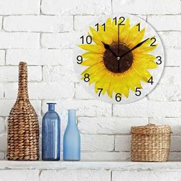 FFYHO Spring 3D Sunflower Wall Clock 9.5In Battery Operated Summer Yellow Flower Design Non Ticking Silent Round Desk Clocks for Bedroom Bathroom Lobby School Office Decoration