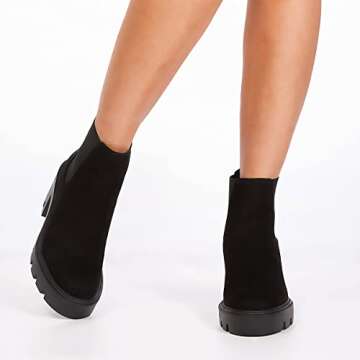 REDTOP Women's Chelsea Boots Fashion Platform High Heel Ankle Booties Round Toe Casual Elastic Chunky Block Heel Boots Black Size 8