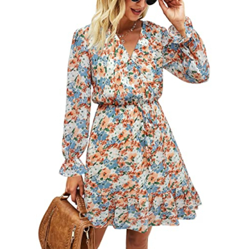 KIRUNDO Women Casual Summer Fall Dresses Long Sleeve Floral Wrap V Neck High Waist Ruffle Tiered A L...