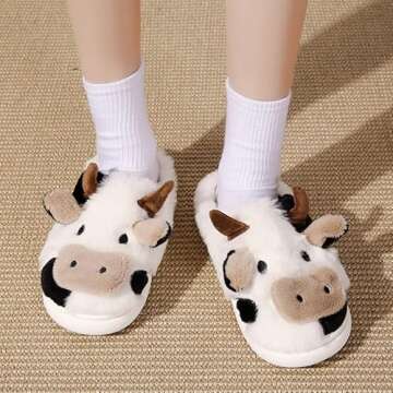 PLMOKN Cow Slippers For Women Indoor And Outdoor Mens House Cute Fuzzy Keep Warm Animal Cloud Slides, White Half Bag 8.5-9 Women/8-8.5 Men