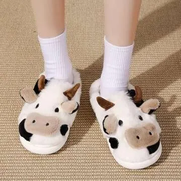 PLMOKN Cow Slippers For Women Indoor And Outdoor Mens House Cute Fuzzy Keep Warm Animal Cloud Slides, White Half Bag 8.5-9 Women/8-8.5 Men