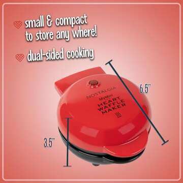 Nostalgia MyMini Personal Electric Heart Waffle Maker, 5-Inch Cooking Surface, Waffle Iron for Hash Browns, French Toast, Grilled Cheese, Quesadilla, Brownies, Cookies, Red