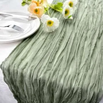 Booque Valley 3 Pack Sage Green Cheesecloth Table Runner 10ft Super Soft Boho Wrinkled Gauze Sheer Cloth for Baby Shower Baptism Birthday Party Wedding Centerpiece Table Decoration, 35x120 Inch